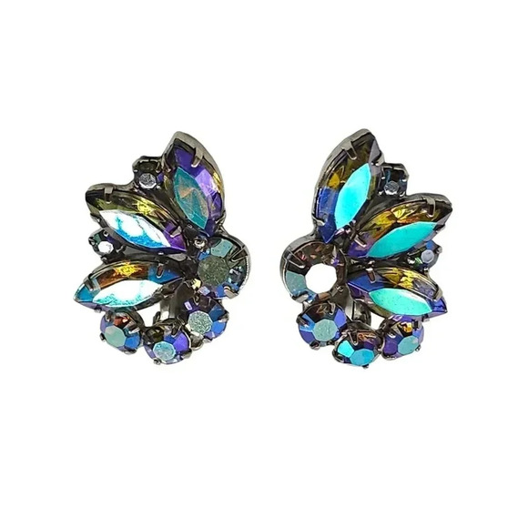 Blue Aurora Borealis Navette Rhinestones Leaf Clip-On Earrings - Picture 1 of 4